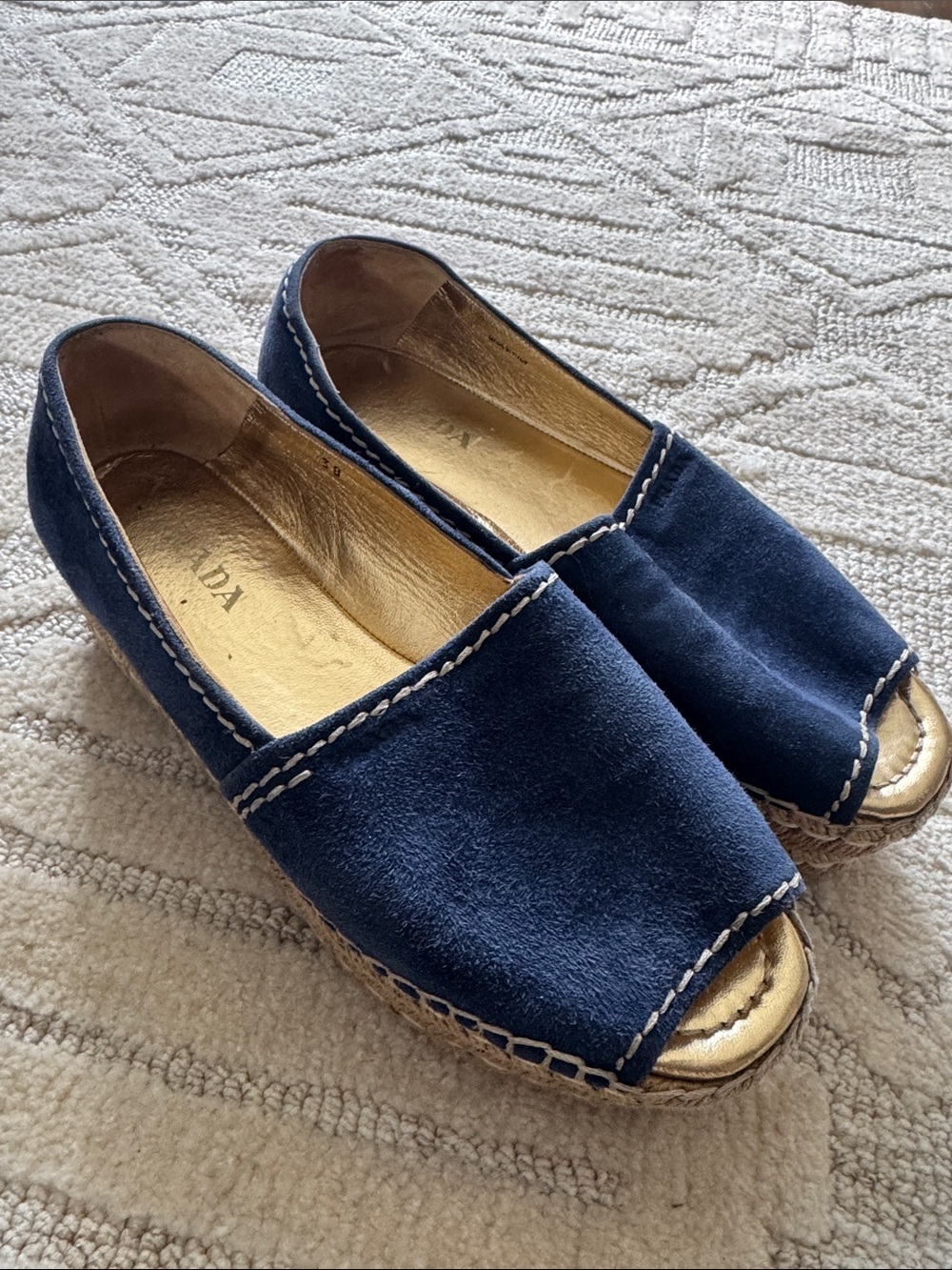 Prada navy suede peep toe espadrille wedge shoes Sz 38
